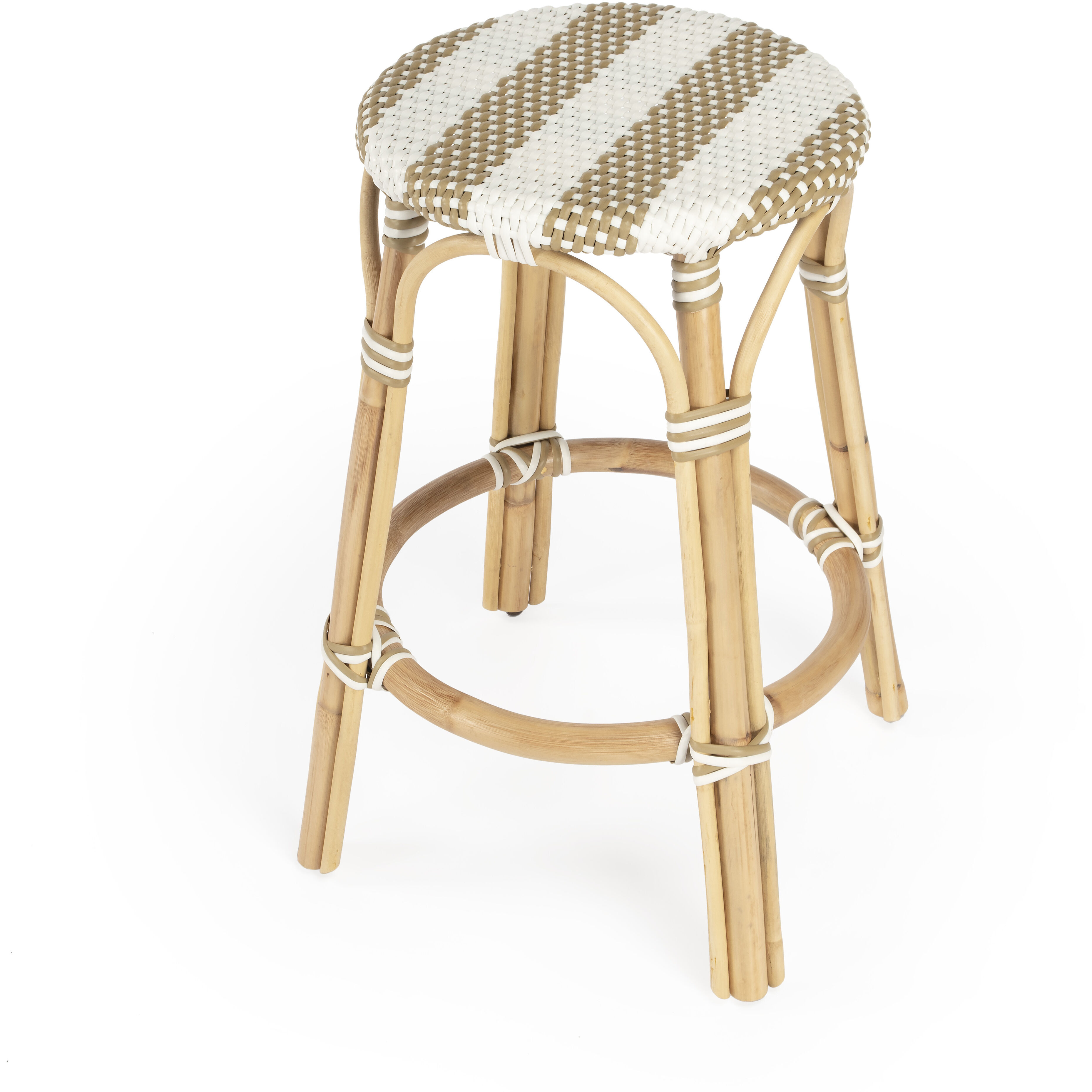 Tobias Rattan Round 24" Counter Stool in Tan and White Stripe