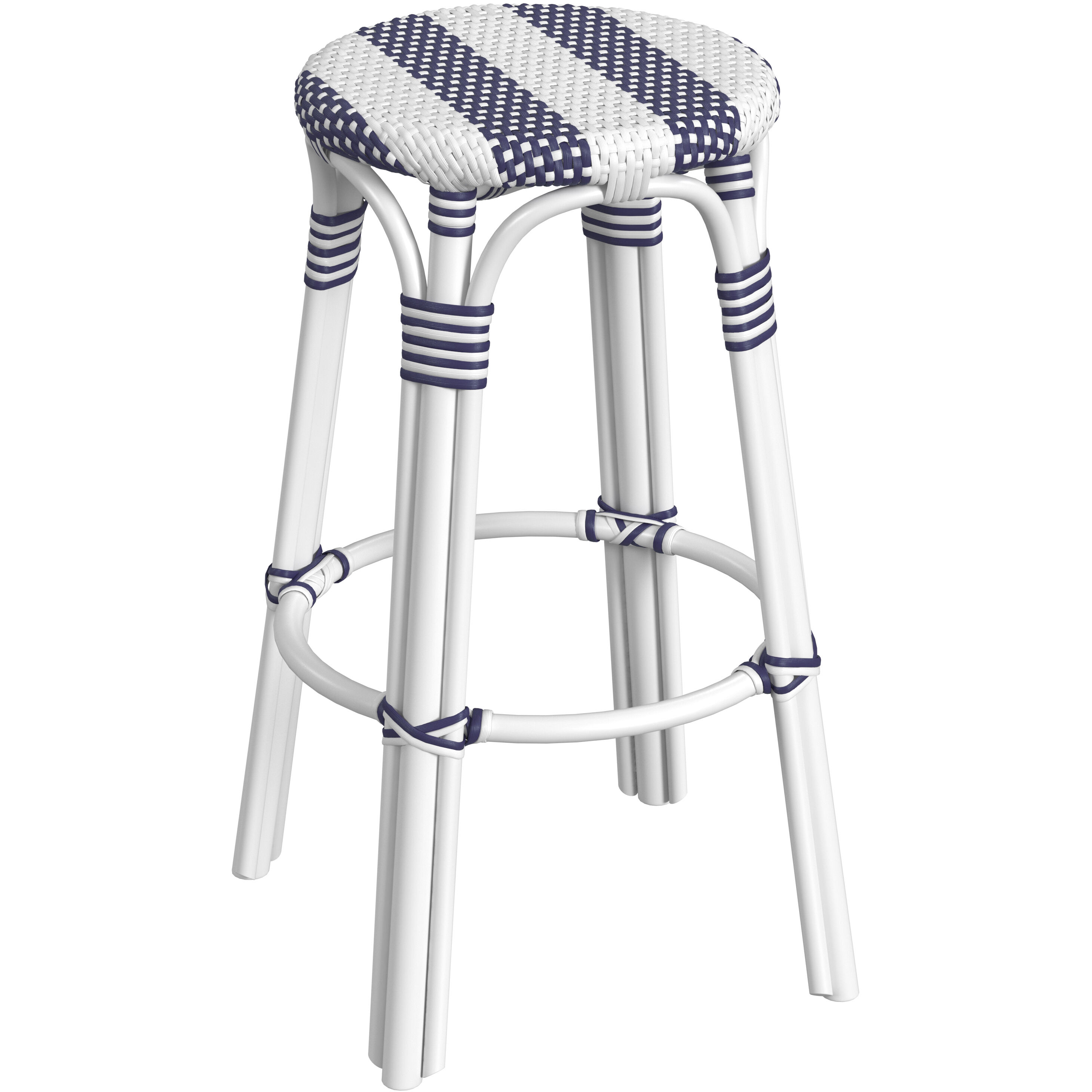 Tobias Round Rattan 30" Bar Stool in White and Navy Stripe